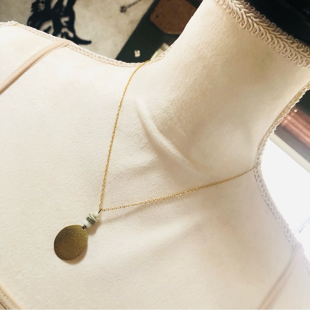 Handcrafted vintage hammered brass faux stone pendant on chain necklace
